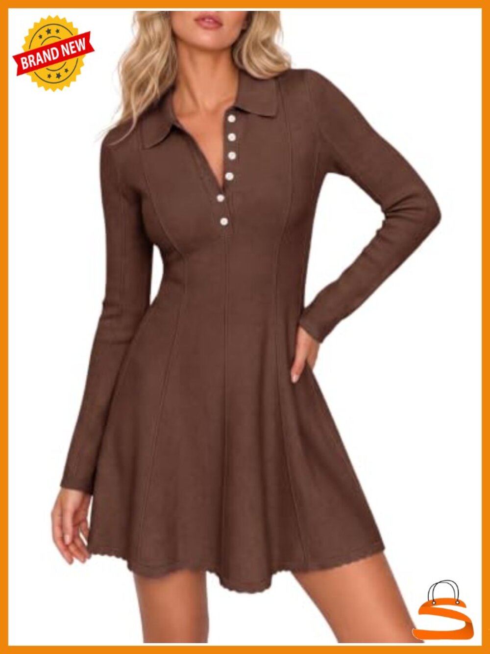 Ribbed Knit Sweater Dress Henley A-Line Mini Long Sleeve